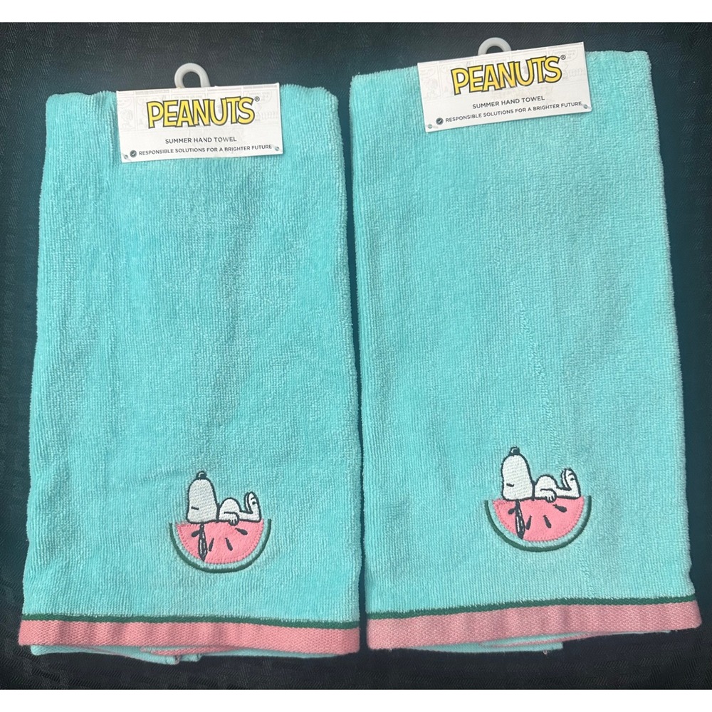 Peanuts Snoopy Watermelon Hand Towels Embroidered NWT Coastal Fruit Decor Kitsch